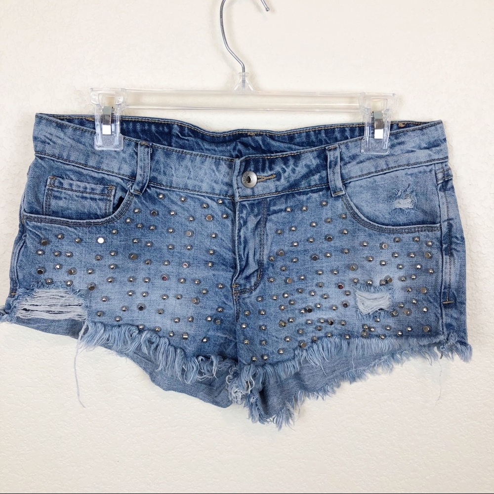 Denim Studded Distressed Cutoff Jean Shorts
